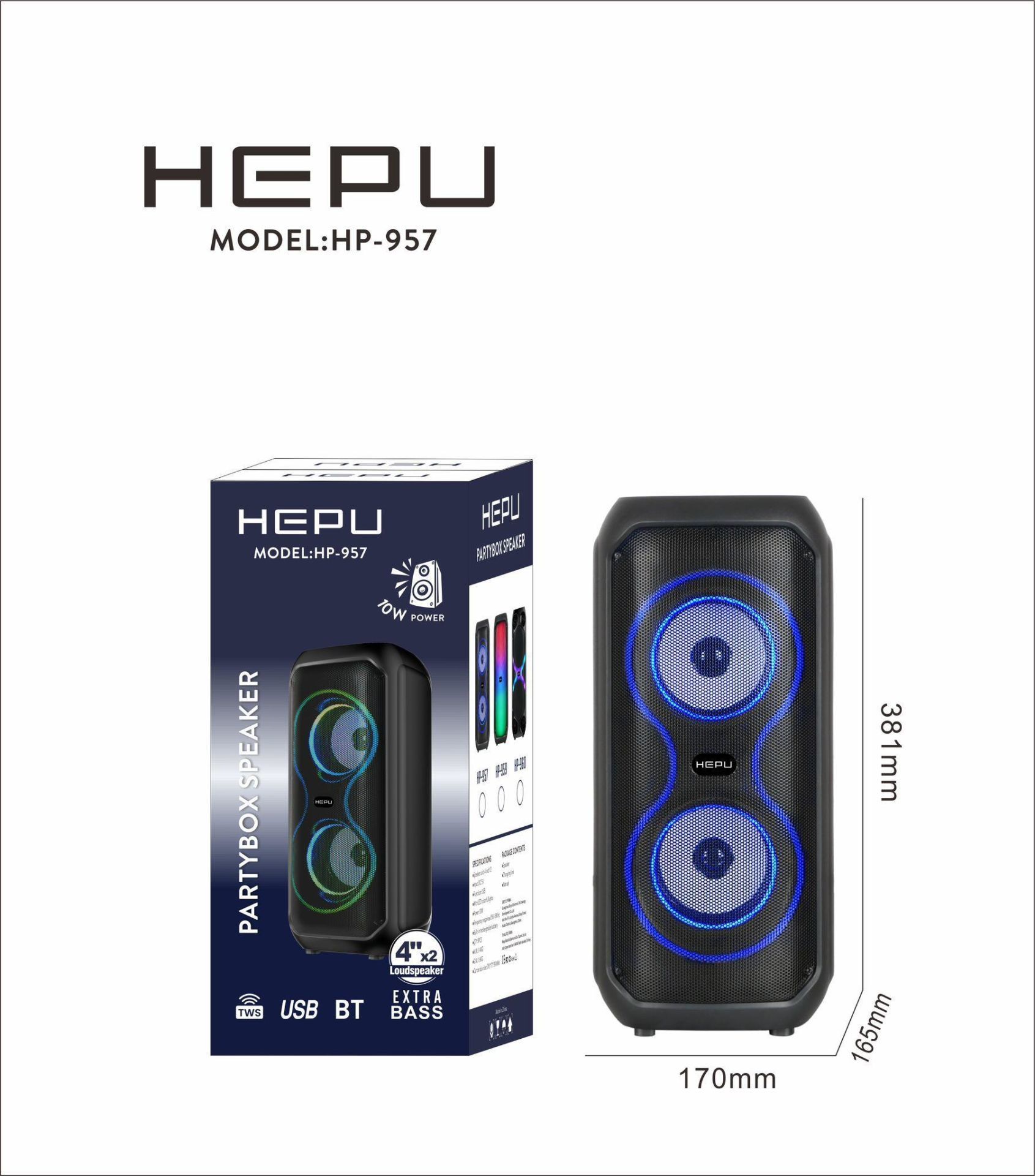 HEPU HP-957 RGB IŞIKLI 2X4''  BLUETOOTH USB MÜZİK KUTUSU