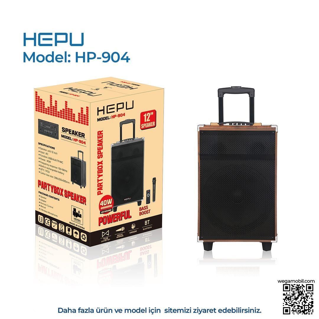 HEPU HP-904 12'' 30CM KABLOSUZ 1 EL MİKROFON BLUETOOTH USB ŞARJLI MÜZİK KUTUSU