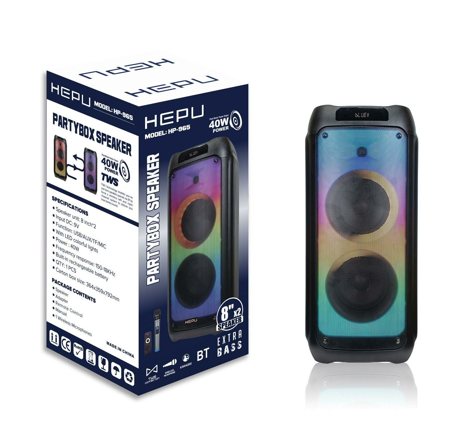 HEPU HP-965 2X8'' KABLOLU 1 EL MİKROFON BLUETOOTH USB ŞARJLI RGB IŞIKLI MÜZİK KUTUSU