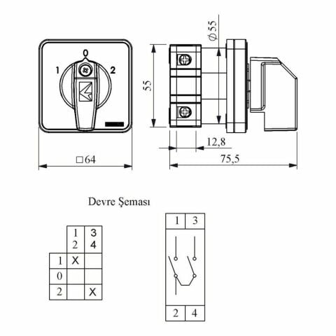 EMAS PSA032KD134S PAKO KUTUP DEĞİŞTİRİCİ 32 A 1 FAZ (1-0-2) 60 DERE