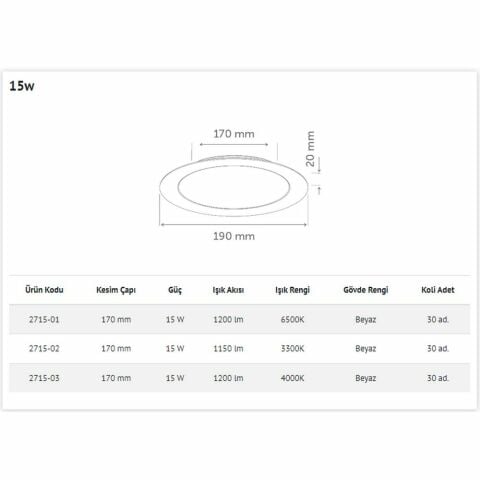 İNOLED 2715-03 15W YUVARLAK SIVA ALTI LED PANEL (DOĞAL BEYAZ-4000