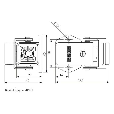 EMAS EBM05PE46 5 KONTAKLI EĞİK PRİZ ALT.GİR.METAL AÇMALI