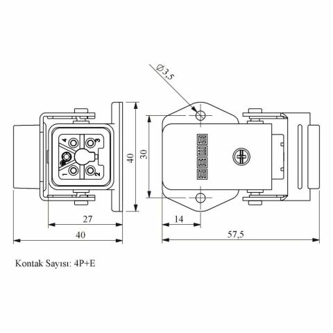 EMAS EBM05PE46 5 KONTAKLI EĞİK PRİZ ALT.GİR.METAL AÇMALI