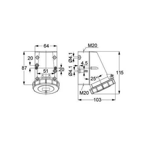 METE ENERJİ 3X16A. IP67 DUVAR PRİZİ EĞİK GÖVDELİ VİDALI BAĞLI T1133V