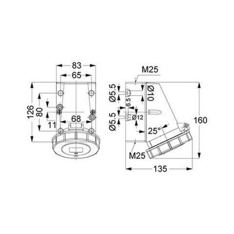 METE ENERJİ 5X32A. IP67 DUVAR PRİZİ EĞİK GÖVDELİ VİDALI BAĞLI T1155V