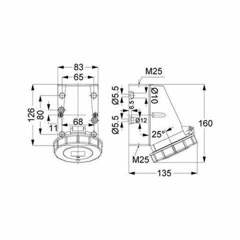 METE ENERJİ 5X32A. IP67 DUVAR PRİZİ EĞİK GÖVDELİ VİDALI BAĞLI T1155V