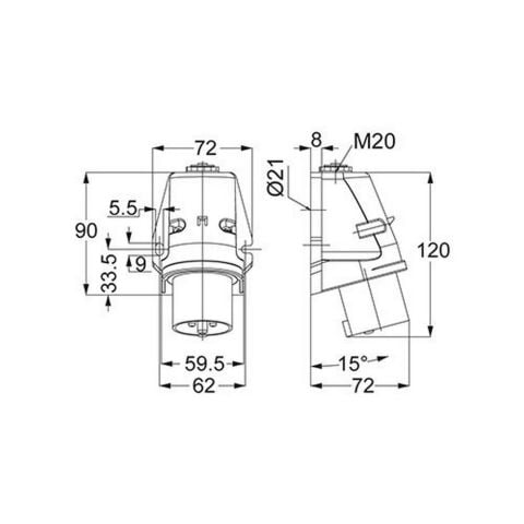 METE ENERJİ 3X16A. IP44 DUVAR FİŞİ EĞİK GÖVDELİ T24423