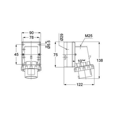 METE ENERJİ 3X32A. IP67 DUVAR FİŞİ -EĞİK GÖVDELİ- T24529V