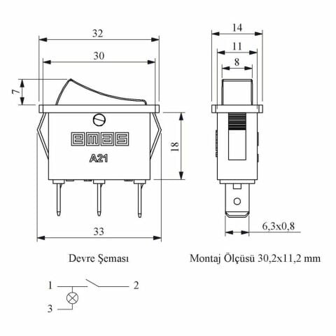 EMAS A21B1K11 ANAHTAR 30X11 MM SİYAH GÖV.1NO TER.KIR.0-1 IŞIKLI
