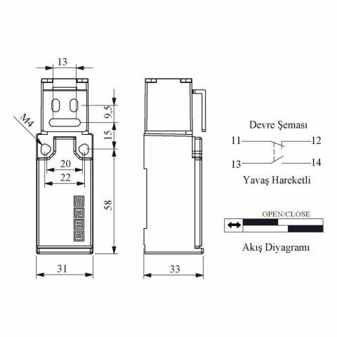 EMAS L51K23LUM321 EMNİYET SINIR ŞALTERİ KIVRIK METAL ANAHTARLI