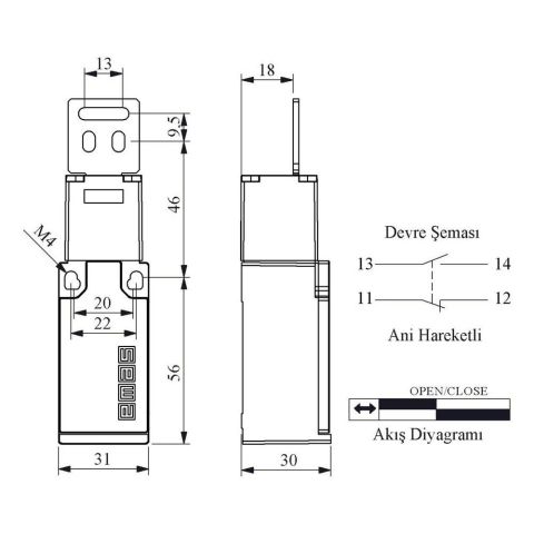EMAS L5K13LUM322 EMNİYET SINIR ŞALTERİ DÜZ METAL ANAHTARLI