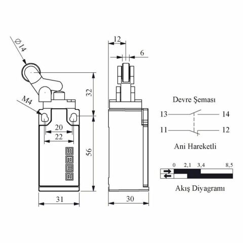 EMAS L5K13MIP411 ACISAL HAREKETLİ AÇILI 14 MM. PLASTİK MAK. KOL