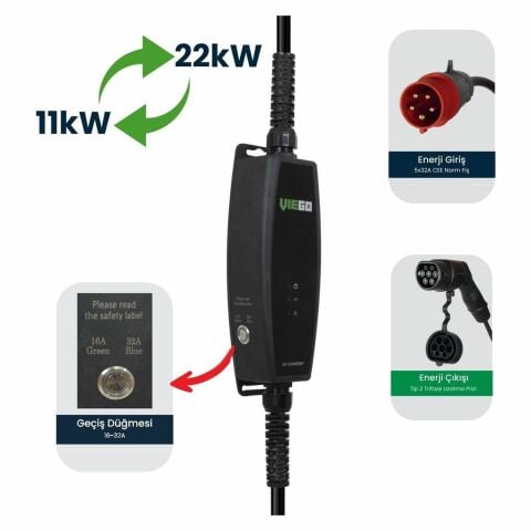 VIEGO 11-22KW 16/32A Trifaze Mobil Şarj Cihazı (Switch)+ 3,7 kW Dönüştürücü