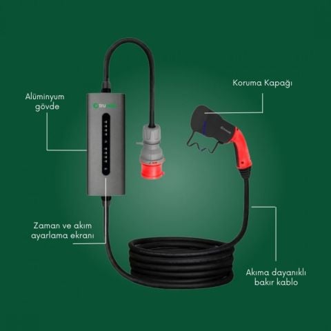 TRUWATT ZTA505 TAŞINABİLİR ELEKTRİKLİ ARAÇ ŞARJ CİHAZI 32A/22KW/390V(5M)