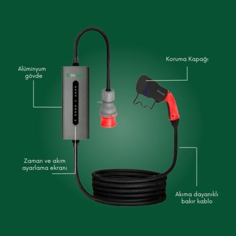 TRUWATT ZTA505 TAŞINABİLİR ELEKTRİKLİ ARAÇ ŞARJ CİHAZI 32A/22KW/390V(5M)