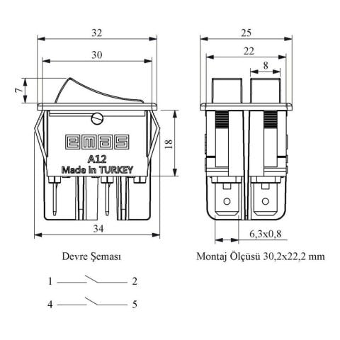EMAS A12B1H10 ANAHTAR 30X22 MM SİY.GÖV.1NO+1NO TER.SİY.0-1 IŞKSZ