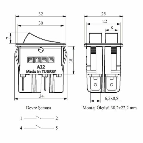 EMAS A12B1H10 ANAHTAR 30X22 MM SİY.GÖV.1NO+1NO TER.SİY.0-1 IŞKSZ