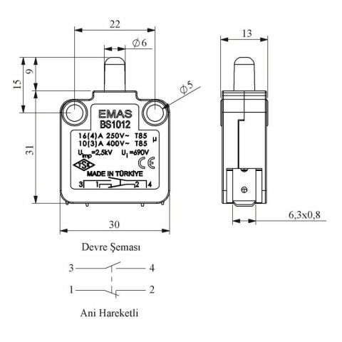 EMAS BS1012 BUTON SİVİÇ ANİ HAREKETLİ 1NA+1NK