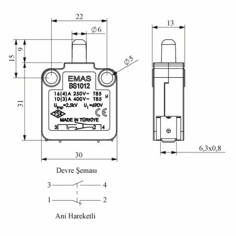 EMAS BS1012 BUTON SİVİÇ ANİ HAREKETLİ 1NA+1NK