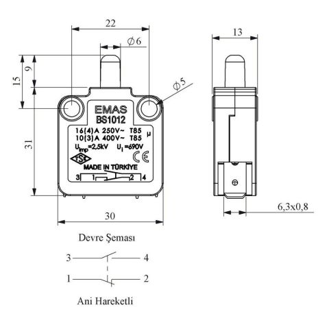 EMAS BS1012 BUTON SİVİÇ ANİ HAREKETLİ 1NA+1NK