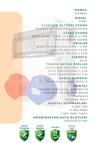 FORMPAN PRIME 22kW Trifaze 7,4kW Monofaze - Elektrikli Araç Şarj Cihazı Kombinasyon Kutusu IP44