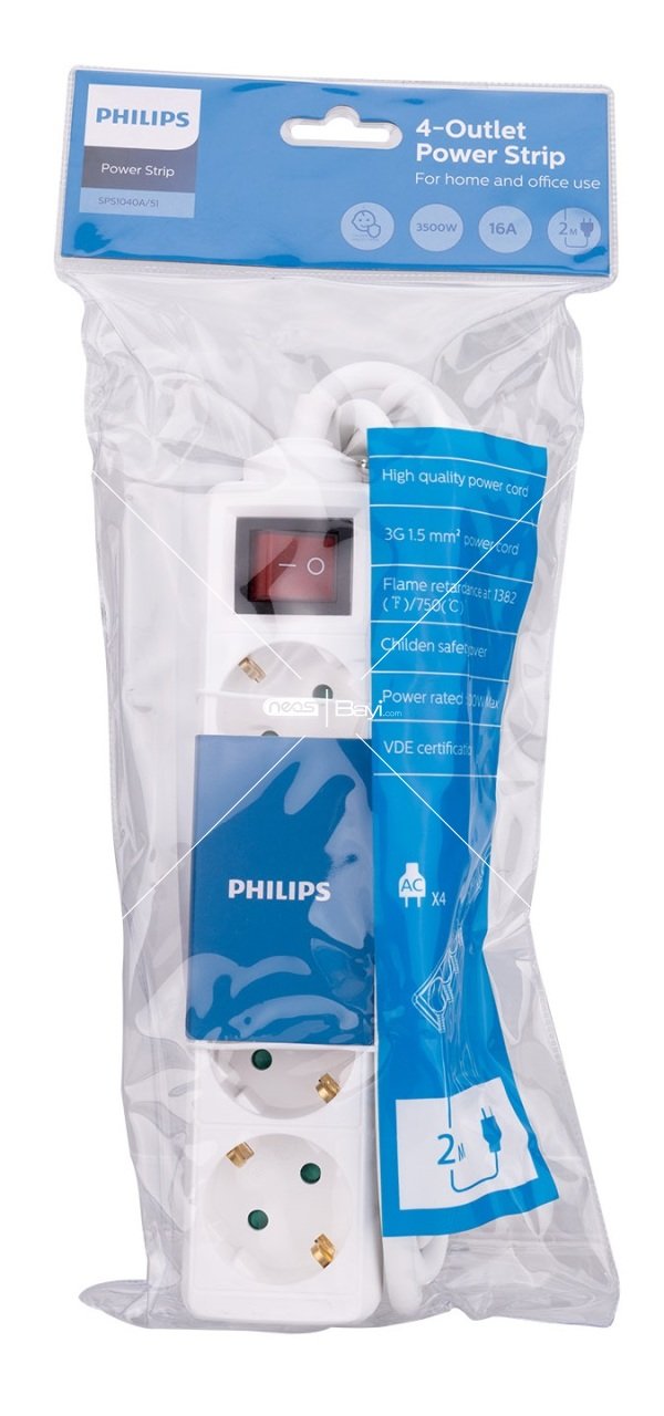 Philips SPS1040A/51 2m Tam Bakır kablolu 4lü Çocuk Korumalı Beyaz Priz Çoklayıcı