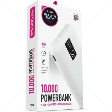 Powerway 10.000 Mah Kablolu Dijital Göstergeli Gerçek 10.000 Mah Garantili İnce Tasarım TX108 Beyaz Powerbank