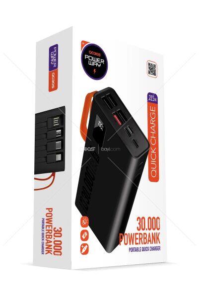 Powerway Qc30s 30.000 Mah Powerbank Pd 22.5W Dahili Kablolu Hızlı Şarj Led Fener Gerçek 30.000 Mah Garantili Powerbank