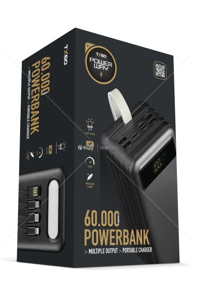 Powerway 60.000 Mah Kablolu Dijital Göstergeli Gerçek 60.000 Mah Garantili Işıklı Kamp Tx60 Beyaz Powerbank