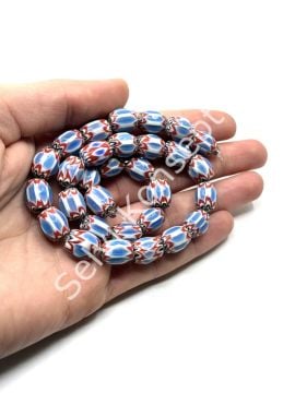 El Yapımı Afrika Chevron Dizi Cam Boncuk Saks Mavi-Kırmızı 10x12 mm
