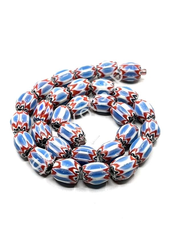 El Yapımı Afrika Chevron Dizi Cam Boncuk Saks Mavi-Kırmızı 10x12 mm