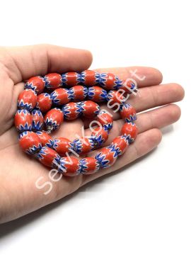 El Yapımı Afrika Chevron Dizi Cam Boncuk Kırmızı-Lacivert 10x12 mm