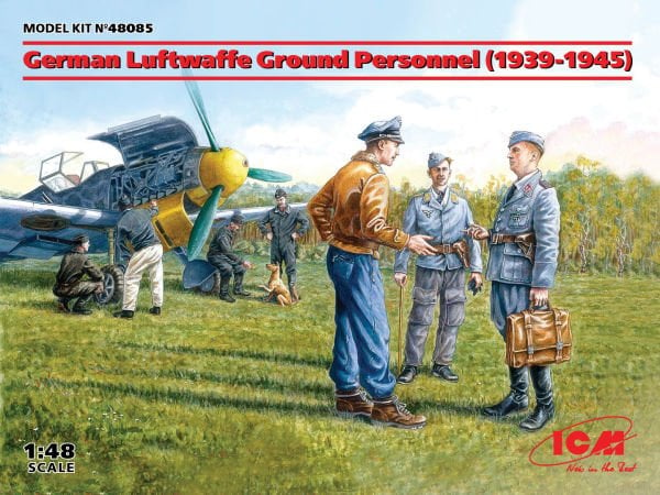 1/48 German Luftwaffe Ground Personnel (1939-1945) 7 figures – staff officer, 2 pilots, 4 mechanics, and dog figure