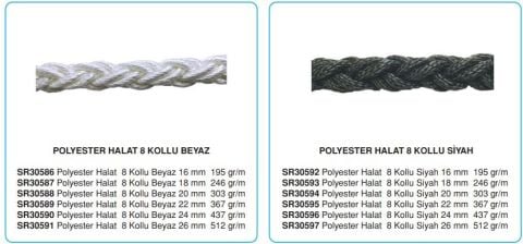 Dolphin Rope Polyester Halat 8 Kollu 24 Mm Siyah