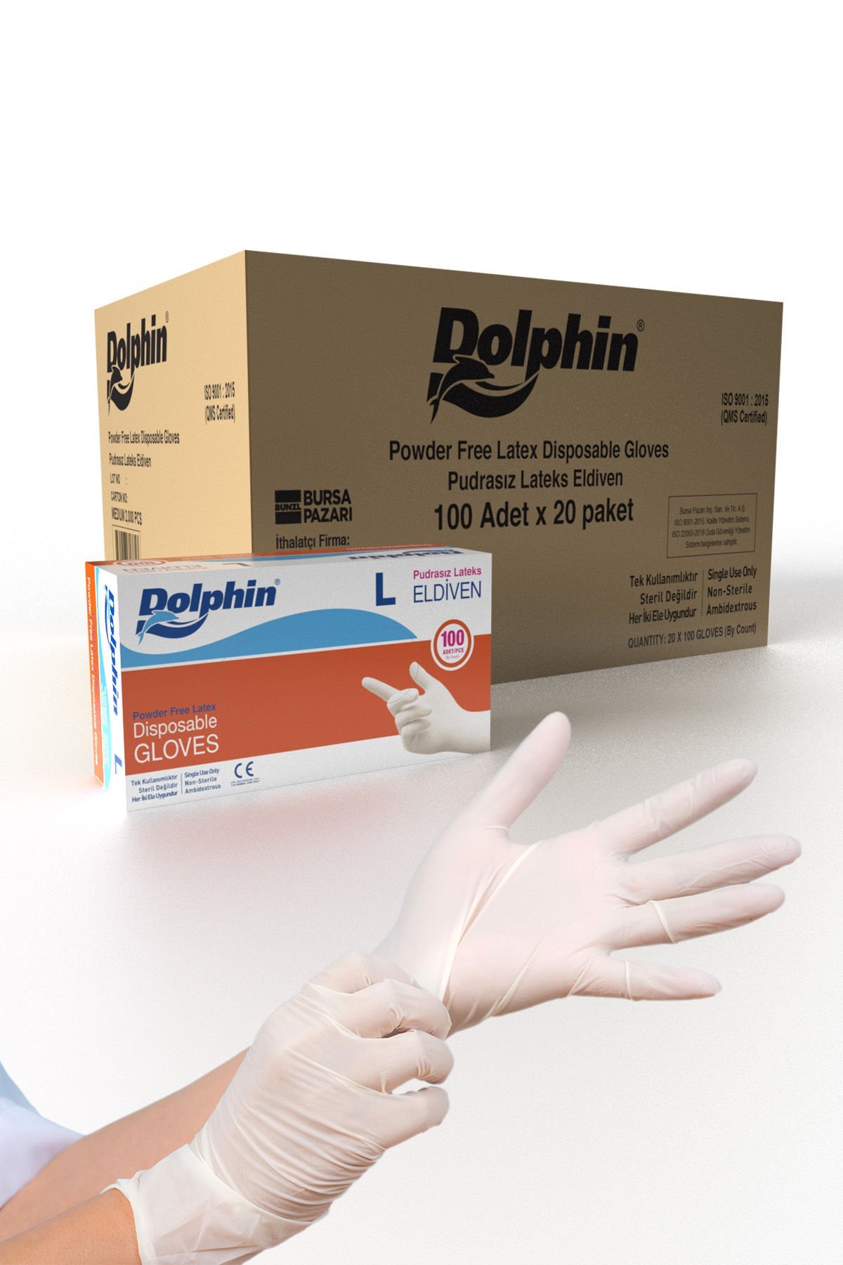 Dolphin Beyaz Lateks Eldiven Pudrasız L 100 Adet x 20 Paket - Koli