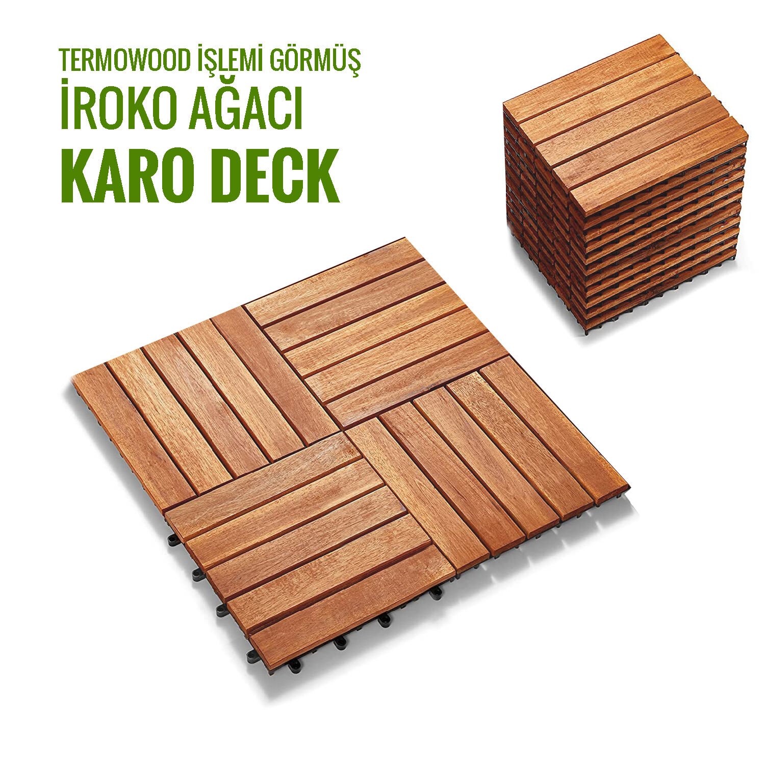 SUNSOE İroko Ağacı Balkon Bahçe Ahşap Yer Döşemesi Karo Deck 30x30 cm – 10 Adet (0,9m2)