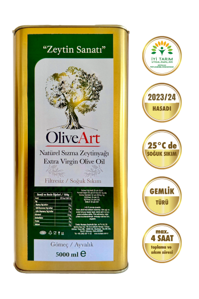 (2023/2024) 5 lt OliveArt Natürel Sızma Zeytinyağı 0,3 Asit, İyi Tarım Sertifikalı, Soğuk Sıkım, Filtresiz