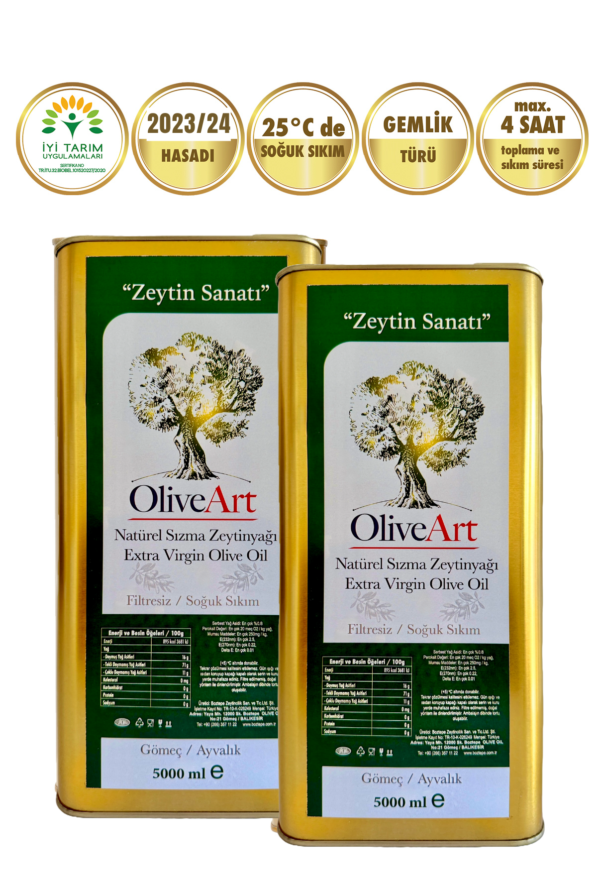 (2023/24) 2 x 5 Lt OliveArt Natürel Sızma Zeytinyağı 0,3 Asit, İyi Tarım Sertifikalı, Soğuk Sıkım, Filtresiz