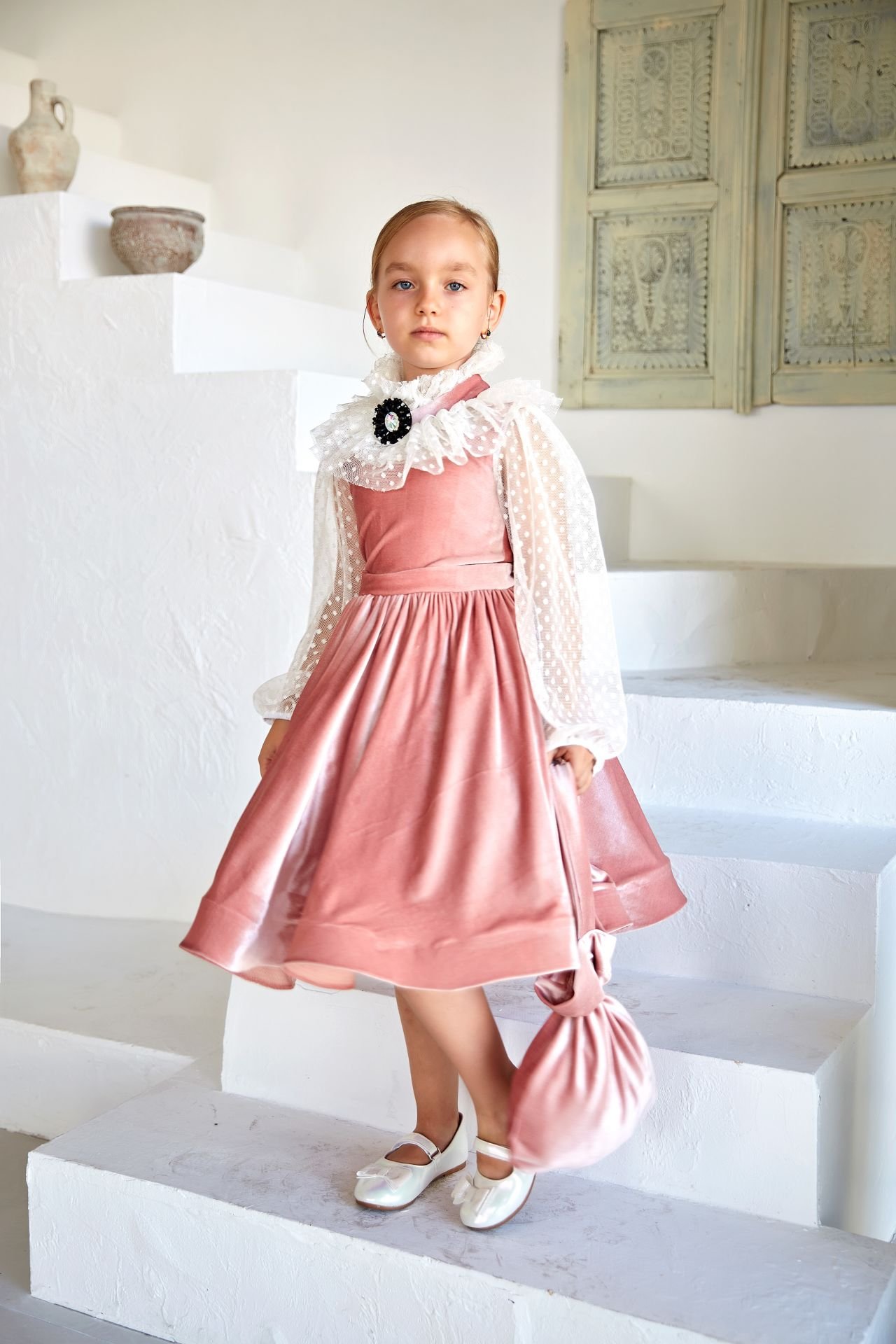 Light Pink Color Velvet Party Dress with Brooch