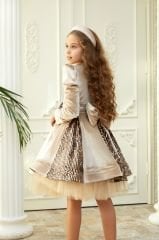 Beige Velvet Dress with Sequins and Bow