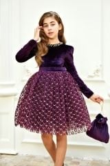 Velvet Party Dress for Girl with Hair Accessory Purple Color