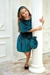 Velvet Dress with Puffed Pearls Sleeves Green Color