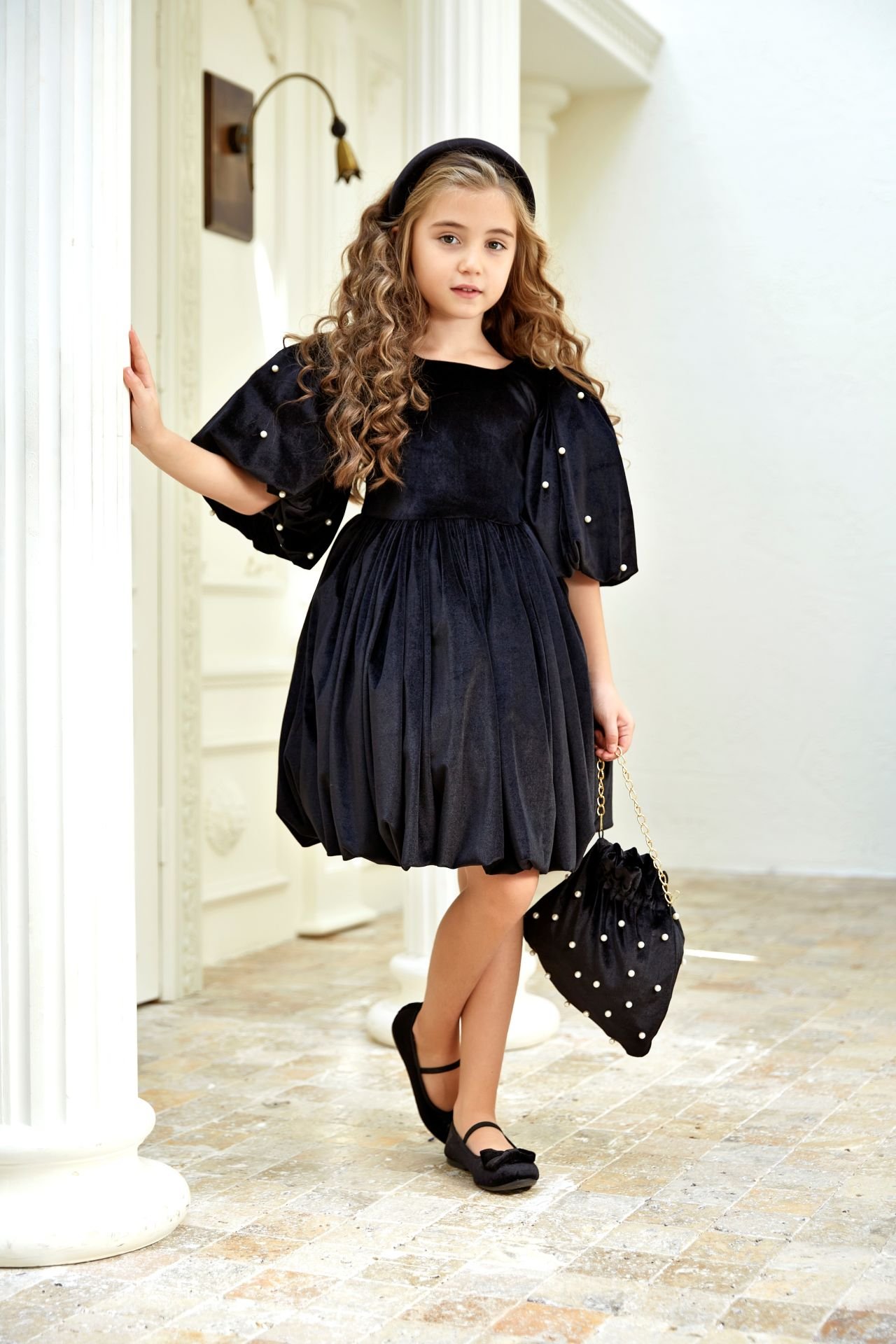 Velvet Dress with Puffed Pearls Sleeves Black Color