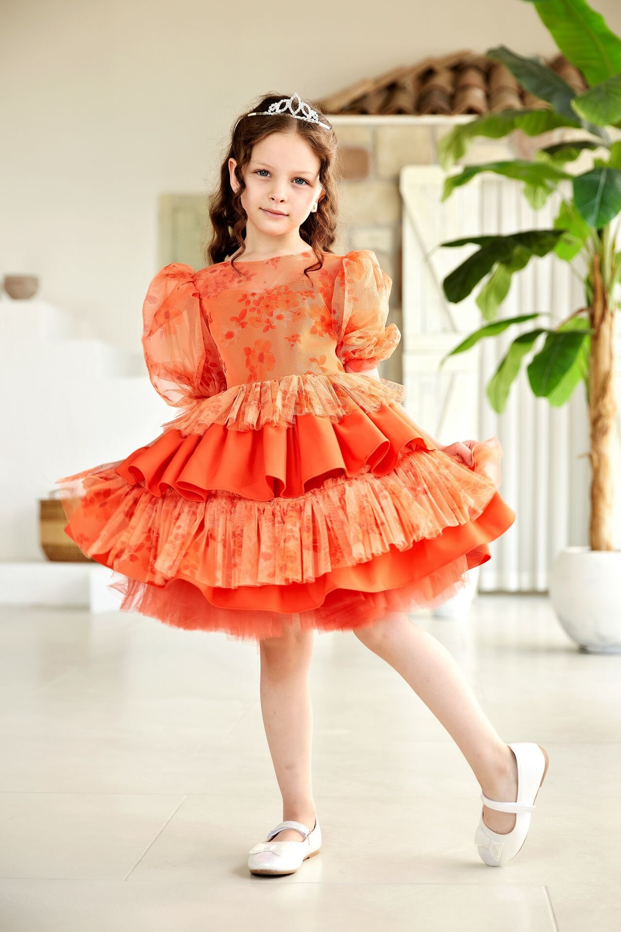 Summer Fluffy Dress For Girls Orange Color