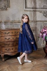 Lace Dress With Hair Accessory Dark Blue Color