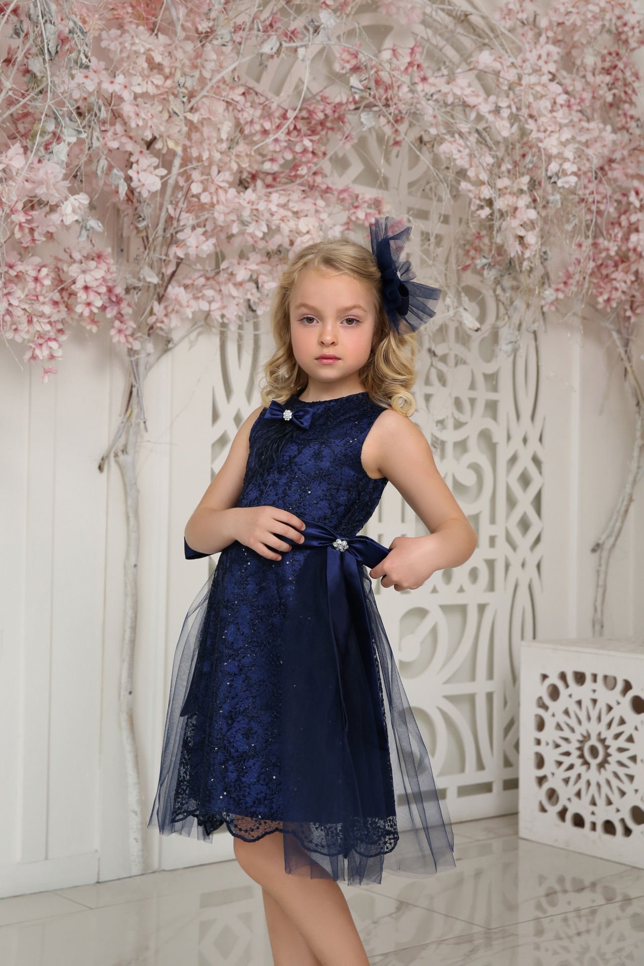 Exclusive Party Lace Dress with Hair Accessory Dark Blue Color