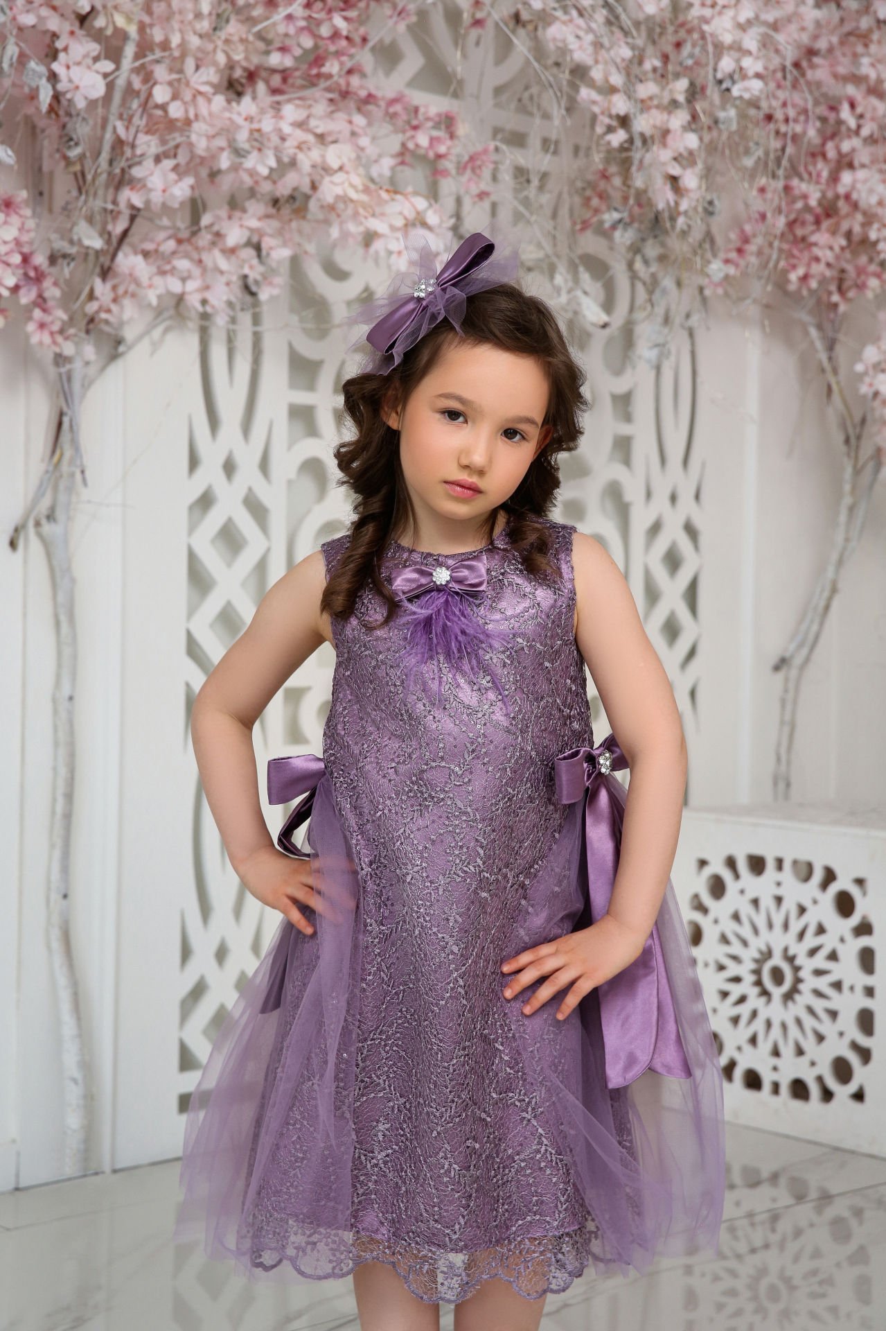 Exclusive Party Lace Dress with Hair Accessory Purple Color