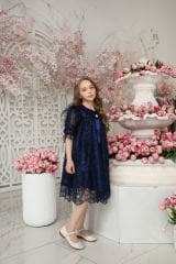 Dark Blue Color Lace Dress with Hair Accessory for Girls