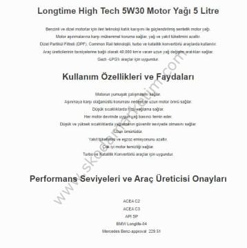LIQUI MOLY 5W30 Motor Yağı DPF'li Sentetik LONGTIME HIGH TECH 5 Litre (9507)