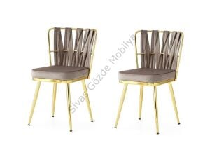 Cafe Bahçe Mutfak Sandalyesi Örgülü Gold Ayak 2 li Set